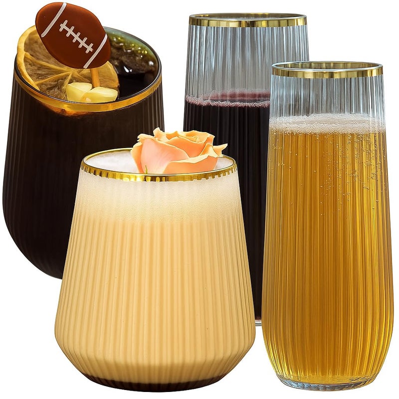 48 Pack Ribbed Origami Ripple Plastic Glasses 24 9 Ounce Stemless Champagne Flutes 24 12 Ounce Cups BPAFree Disposable Shatterproof Toasting Glasses for Weddings Bars and Events Gold Rim